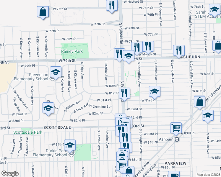 map of restaurants, bars, coffee shops, grocery stores, and more near 4027 West 80th Place in Chicago