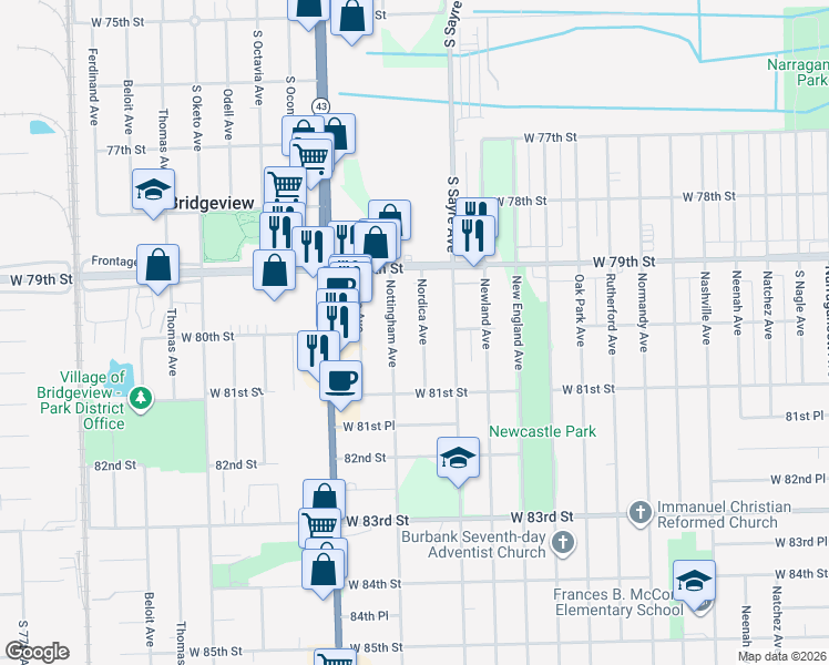 map of restaurants, bars, coffee shops, grocery stores, and more near 7948 Nordica Avenue in Burbank