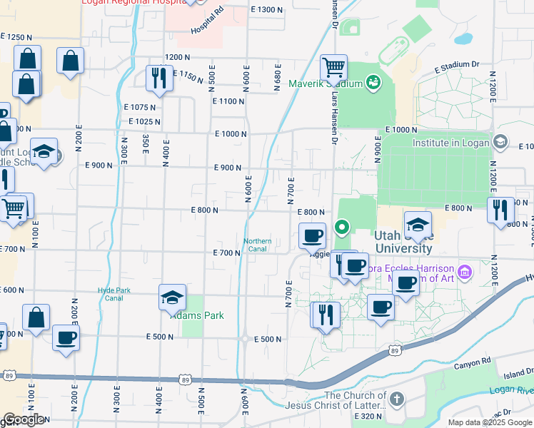 map of restaurants, bars, coffee shops, grocery stores, and more near 653 East 800 North in Logan
