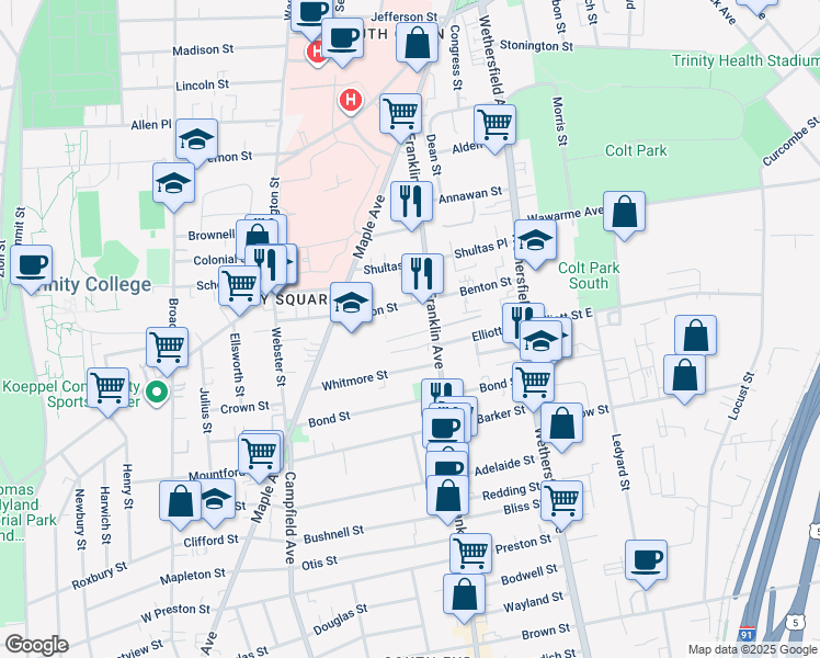 map of restaurants, bars, coffee shops, grocery stores, and more near 14 Warner Street in Hartford