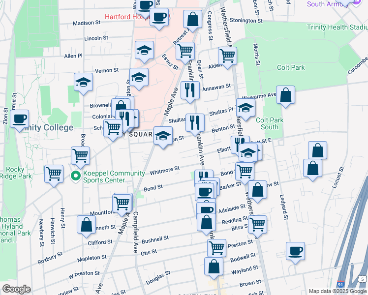map of restaurants, bars, coffee shops, grocery stores, and more near 14 Warner Street in Hartford