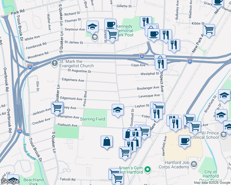 map of restaurants, bars, coffee shops, grocery stores, and more near 10 Englewood Avenue in West Hartford