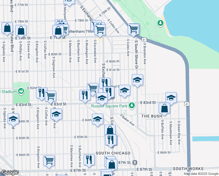 map of restaurants, bars, coffee shops, grocery stores, and more near 2950 East 82nd Street in Chicago