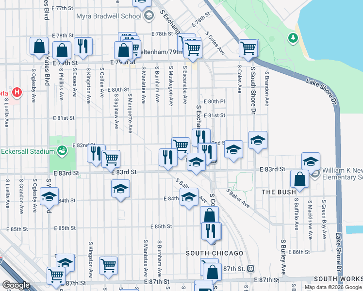 map of restaurants, bars, coffee shops, grocery stores, and more near 8159 South Muskegon Avenue in Chicago