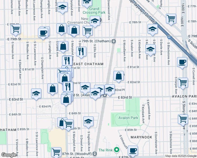 map of restaurants, bars, coffee shops, grocery stores, and more near 8141 South Ellis Avenue in Chicago