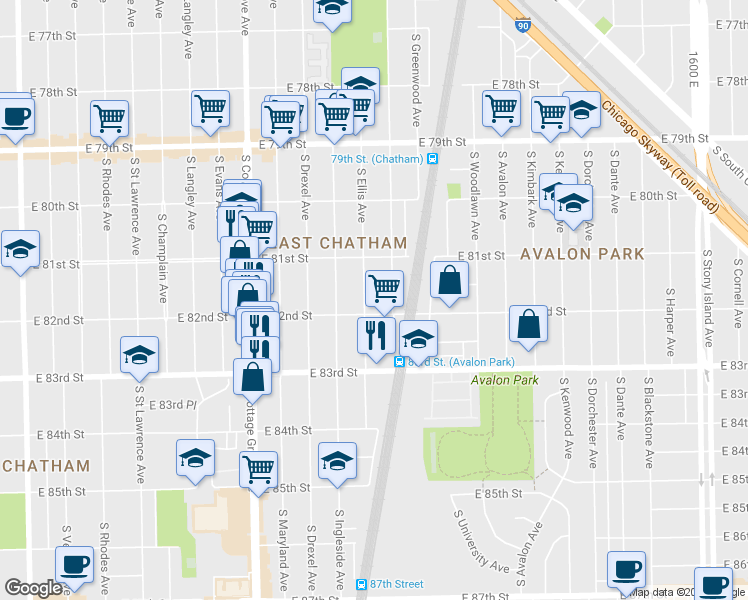 map of restaurants, bars, coffee shops, grocery stores, and more near 8141 South Ellis Avenue in Chicago