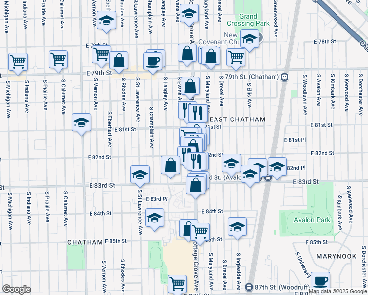 map of restaurants, bars, coffee shops, grocery stores, and more near 8137 South Evans Avenue in Chicago