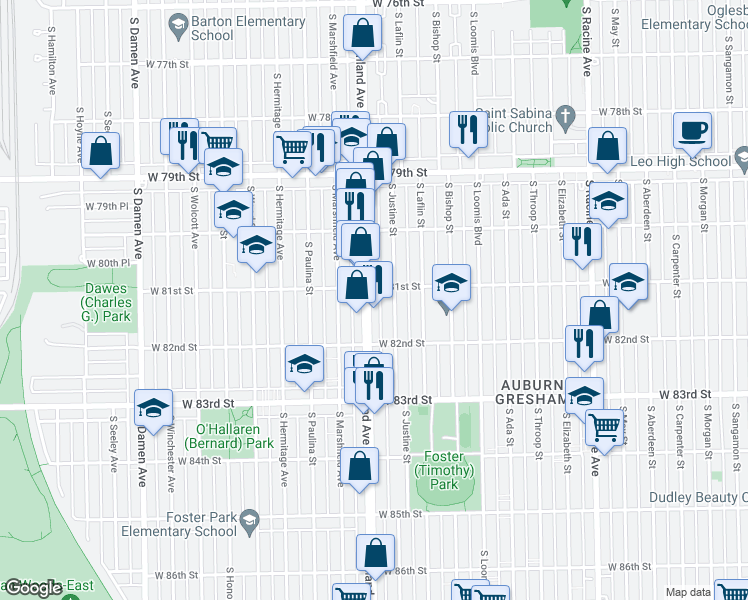 map of restaurants, bars, coffee shops, grocery stores, and more near 8101 South Ashland Avenue in Chicago