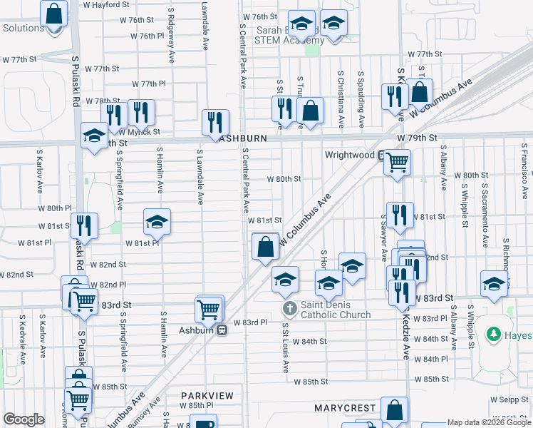 map of restaurants, bars, coffee shops, grocery stores, and more near 3533 West 80th Place in Chicago