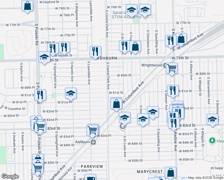 map of restaurants, bars, coffee shops, grocery stores, and more near 3533 West 80th Place in Chicago