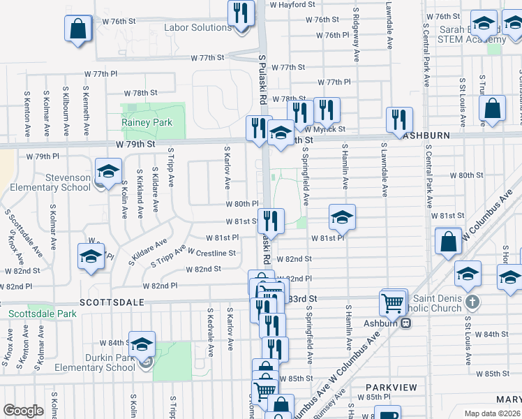 map of restaurants, bars, coffee shops, grocery stores, and more near 8046 South Pulaski Road in Chicago