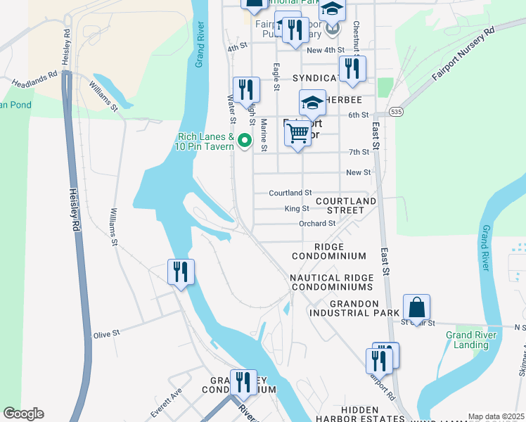 map of restaurants, bars, coffee shops, grocery stores, and more near 221 King Street in Fairport Harbor