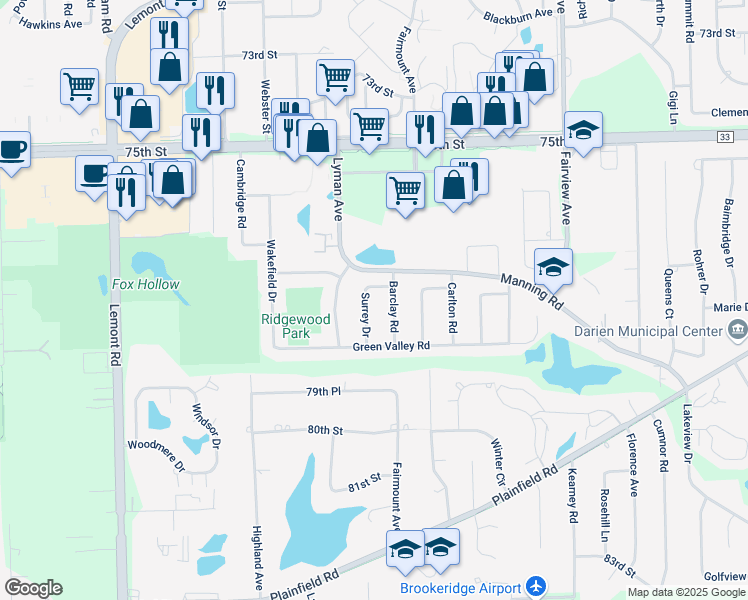map of restaurants, bars, coffee shops, grocery stores, and more near 7732 Surrey Drive in Darien