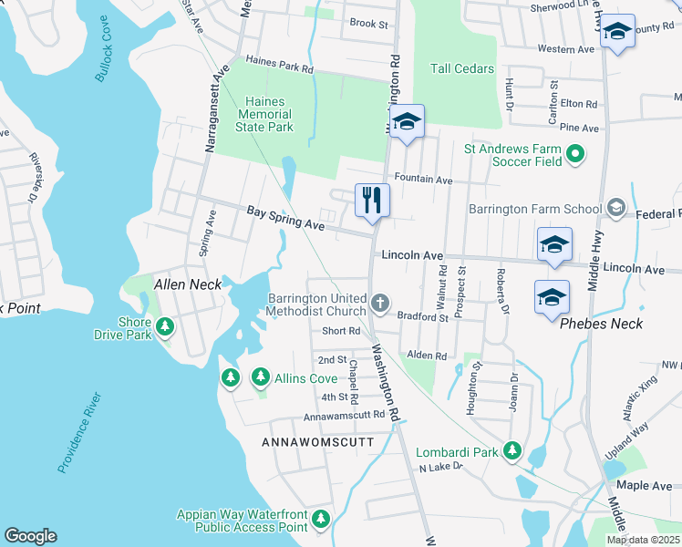map of restaurants, bars, coffee shops, grocery stores, and more near 13 Alfred Drowne Road in Barrington