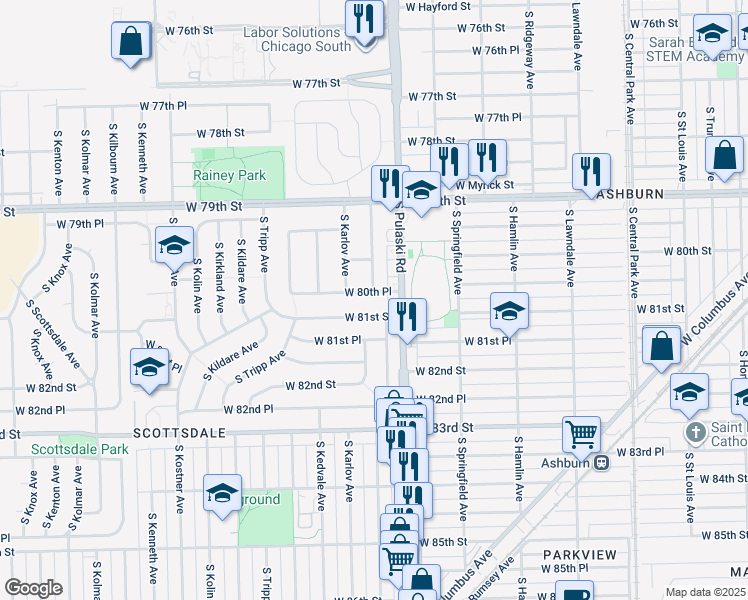 map of restaurants, bars, coffee shops, grocery stores, and more near 4027 W 80th Pl in Chicago