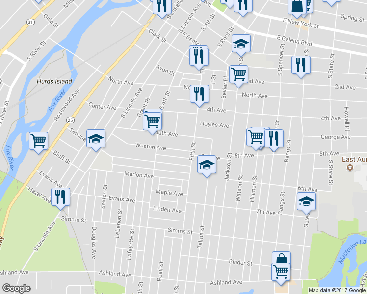 map of restaurants, bars, coffee shops, grocery stores, and more near 448 Weston Avenue in Aurora