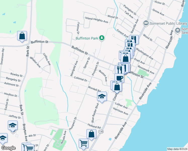 map of restaurants, bars, coffee shops, grocery stores, and more near 156 Shawomet Avenue in Somerset