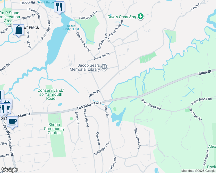 map of restaurants, bars, coffee shops, grocery stores, and more near 63 South Street in Dennis
