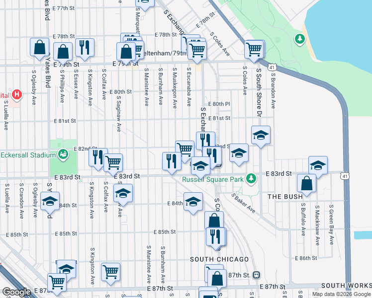 map of restaurants, bars, coffee shops, grocery stores, and more near 8200 South Escanaba Avenue in Chicago