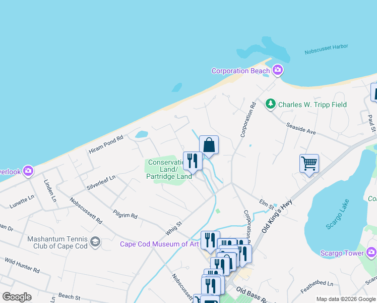 map of restaurants, bars, coffee shops, grocery stores, and more near 58 Scarsdale Road in Dennis