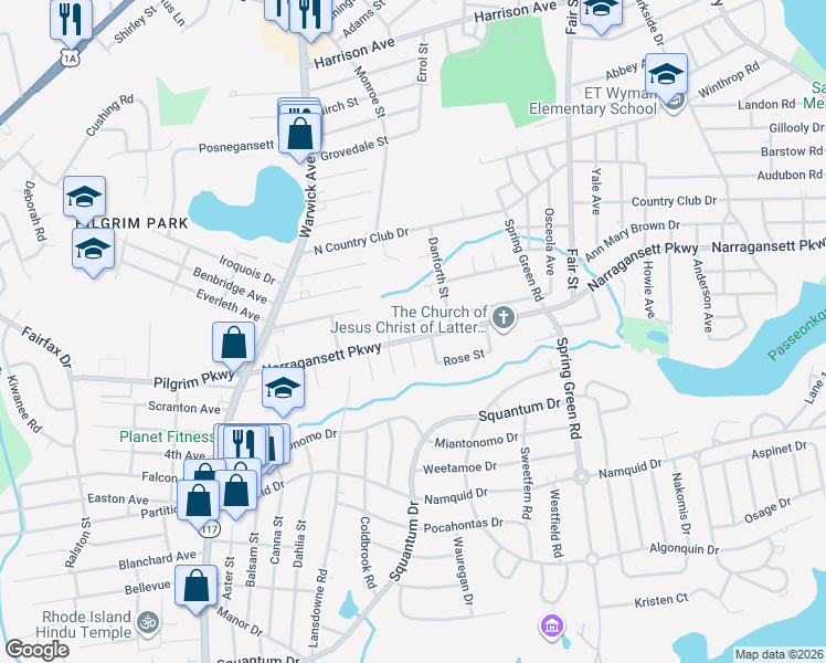 map of restaurants, bars, coffee shops, grocery stores, and more near 1089 Narragansett Parkway in Warwick