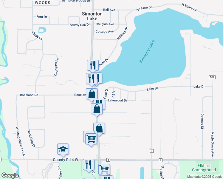 map of restaurants, bars, coffee shops, grocery stores, and more near 26284 Lake Drive in Elkhart