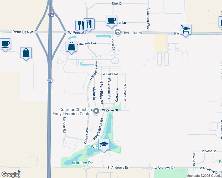 map of restaurants, bars, coffee shops, grocery stores, and more near 190 Watercress Road in North Liberty