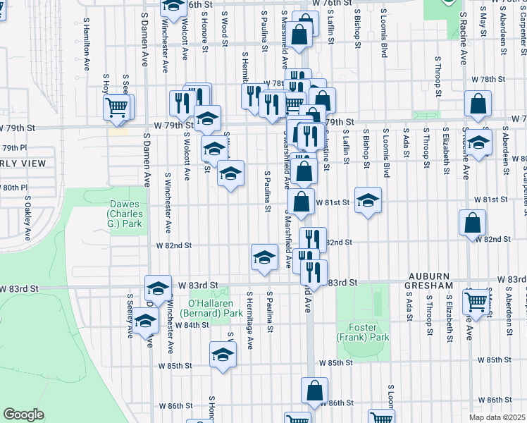map of restaurants, bars, coffee shops, grocery stores, and more near 8108 South Paulina Street in Chicago