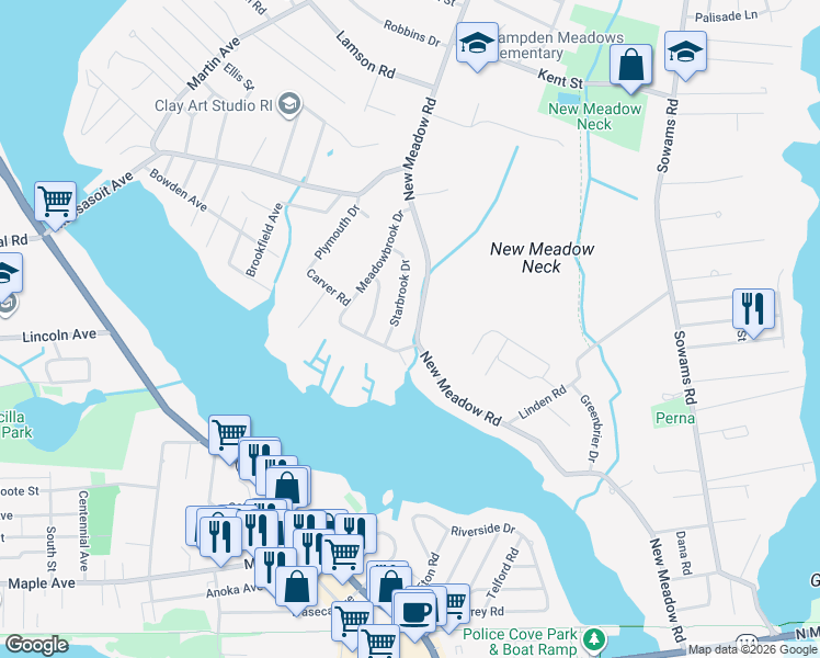 map of restaurants, bars, coffee shops, grocery stores, and more near 185 New Meadow Road in Barrington
