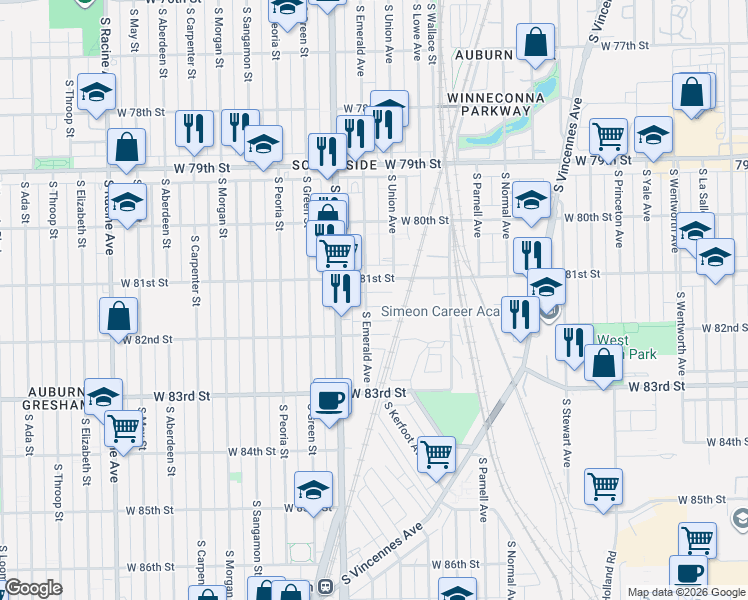 map of restaurants, bars, coffee shops, grocery stores, and more near 708 West 81st Place in Chicago