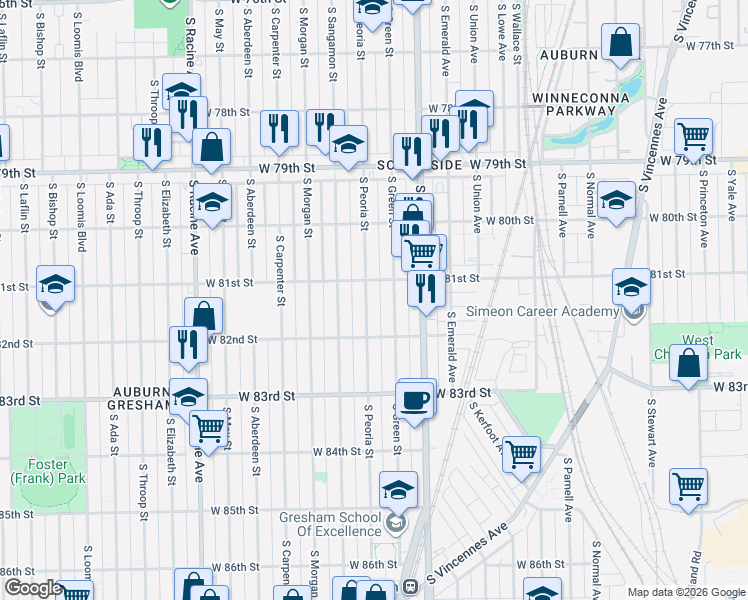 map of restaurants, bars, coffee shops, grocery stores, and more near 8114 South Peoria Street in Chicago