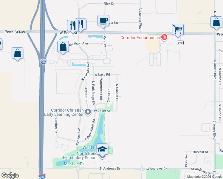 map of restaurants, bars, coffee shops, grocery stores, and more near 205 North Sunset Drive in North Liberty