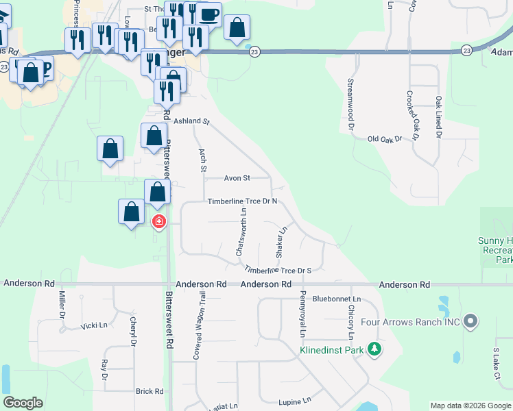 map of restaurants, bars, coffee shops, grocery stores, and more near 12178-12248 Timberline Trce North in Granger