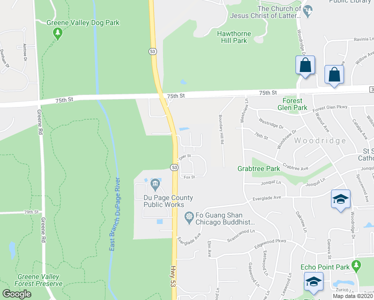 map of restaurants, bars, coffee shops, grocery stores, and more near 3221 Foxridge Court in Woodridge