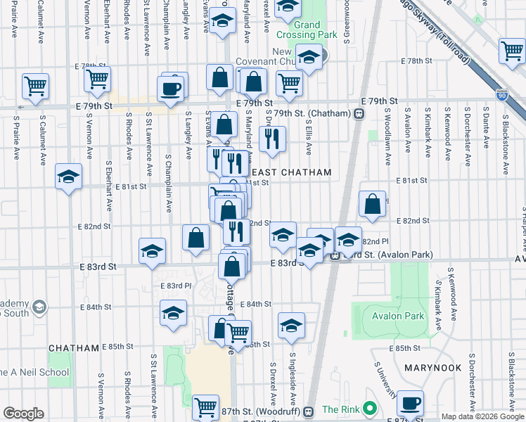 map of restaurants, bars, coffee shops, grocery stores, and more near 8136 South Drexel Avenue in Chicago