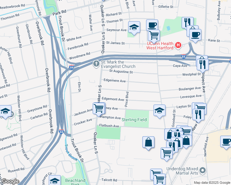 map of restaurants, bars, coffee shops, grocery stores, and more near 133 Englewood Avenue in West Hartford