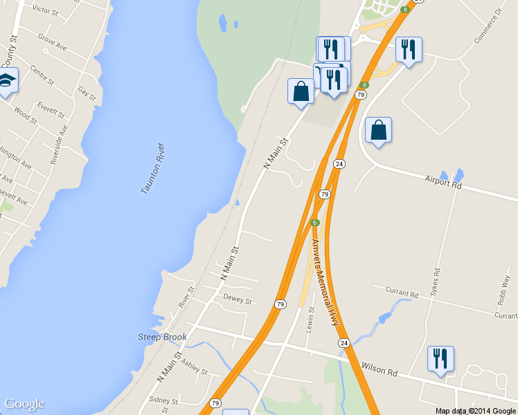 map of restaurants, bars, coffee shops, grocery stores, and more near 3701 N Main St in Fall River