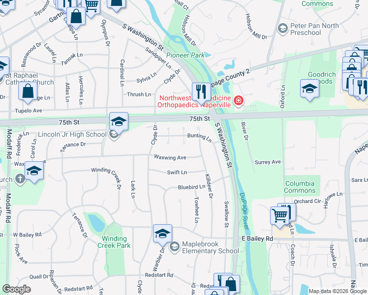 map of restaurants, bars, coffee shops, grocery stores, and more near 54 Bunting Lane in Naperville