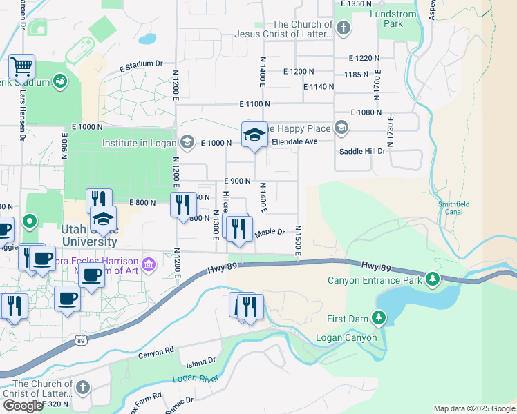 map of restaurants, bars, coffee shops, grocery stores, and more near 825 N 1400 E in Logan