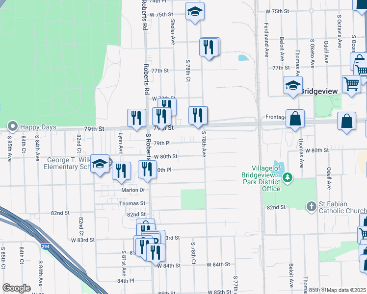 map of restaurants, bars, coffee shops, grocery stores, and more near 7843 79th Place in Bridgeview