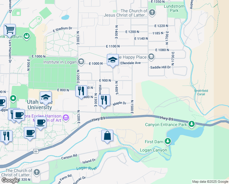 map of restaurants, bars, coffee shops, grocery stores, and more near 825 N 1400 E in Logan