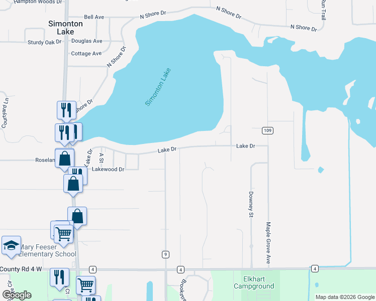 map of restaurants, bars, coffee shops, grocery stores, and more near 25896 Lake Drive in Elkhart