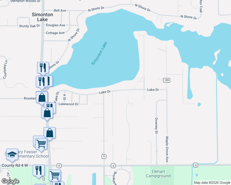 map of restaurants, bars, coffee shops, grocery stores, and more near 25896-25914 Grandview Dr in Elkhart