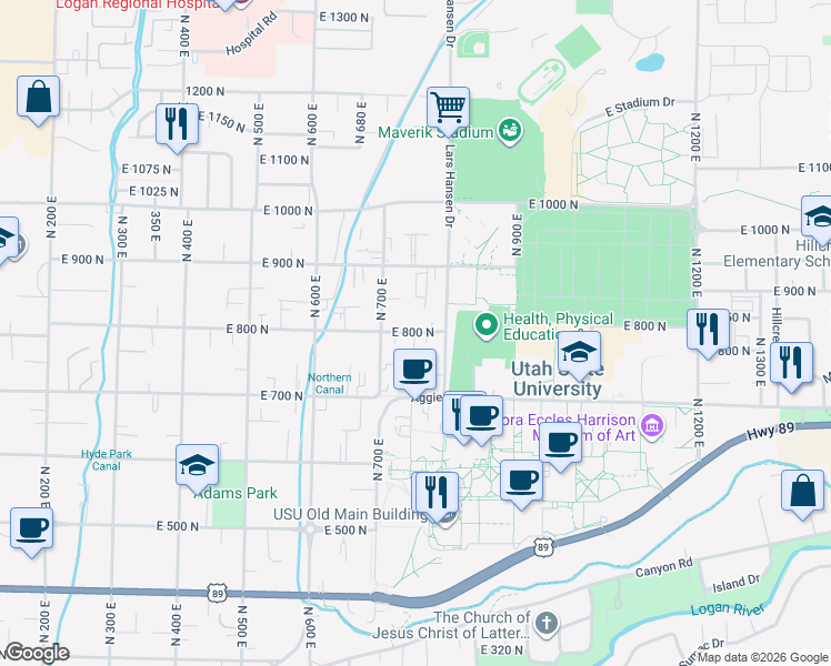 map of restaurants, bars, coffee shops, grocery stores, and more near 798 North 750 East in Logan