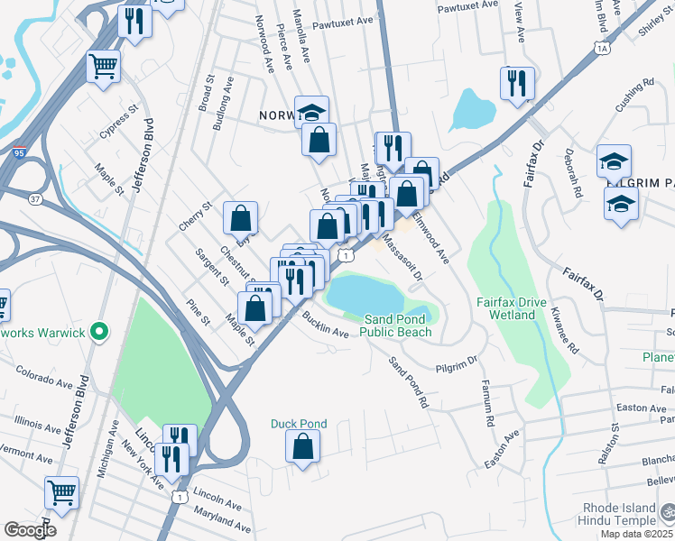 map of restaurants, bars, coffee shops, grocery stores, and more near 1204 Post Road in Warwick