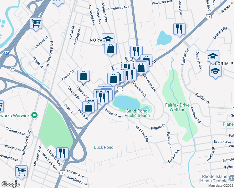 map of restaurants, bars, coffee shops, grocery stores, and more near 1204 Post Road in Warwick