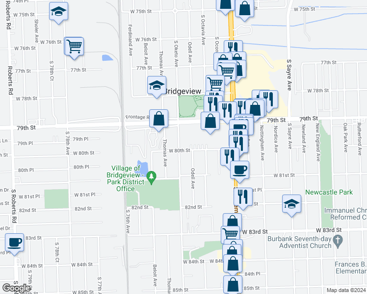 map of restaurants, bars, coffee shops, grocery stores, and more near 7951 S Oketo Ave in Bridgeview