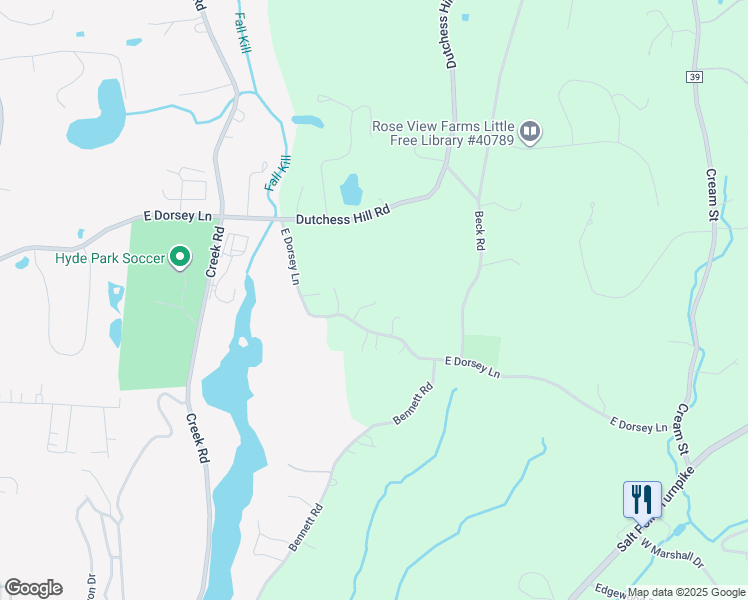map of restaurants, bars, coffee shops, grocery stores, and more near 107 East Dorsey Lane in Poughkeepsie