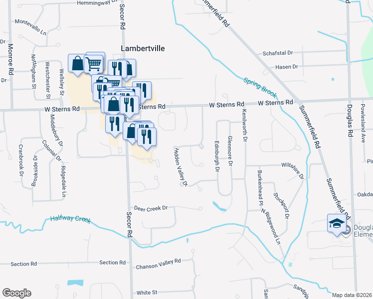 map of restaurants, bars, coffee shops, grocery stores, and more near 7290 Hidden Valley Drive in Lambertville