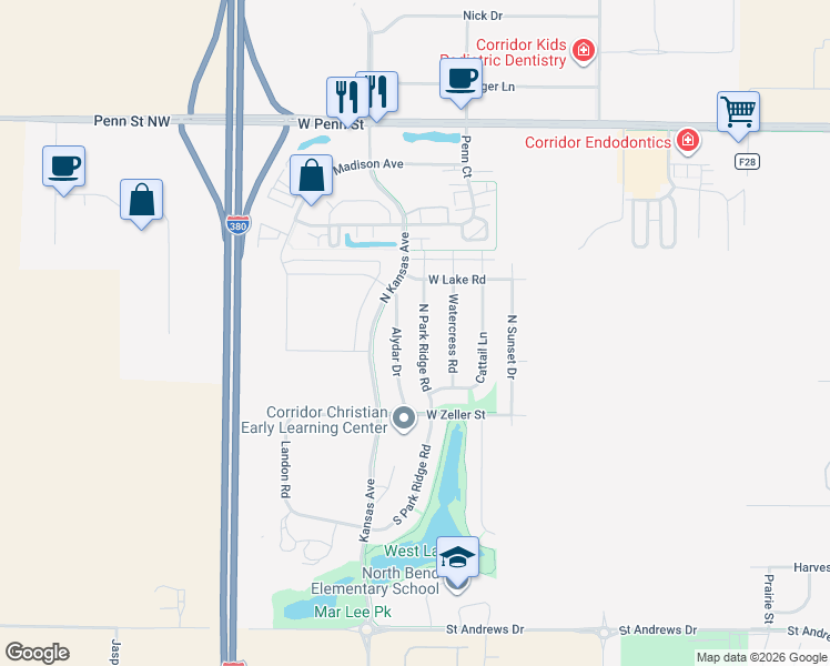 map of restaurants, bars, coffee shops, grocery stores, and more near 197 North Park Ridge Road in North Liberty